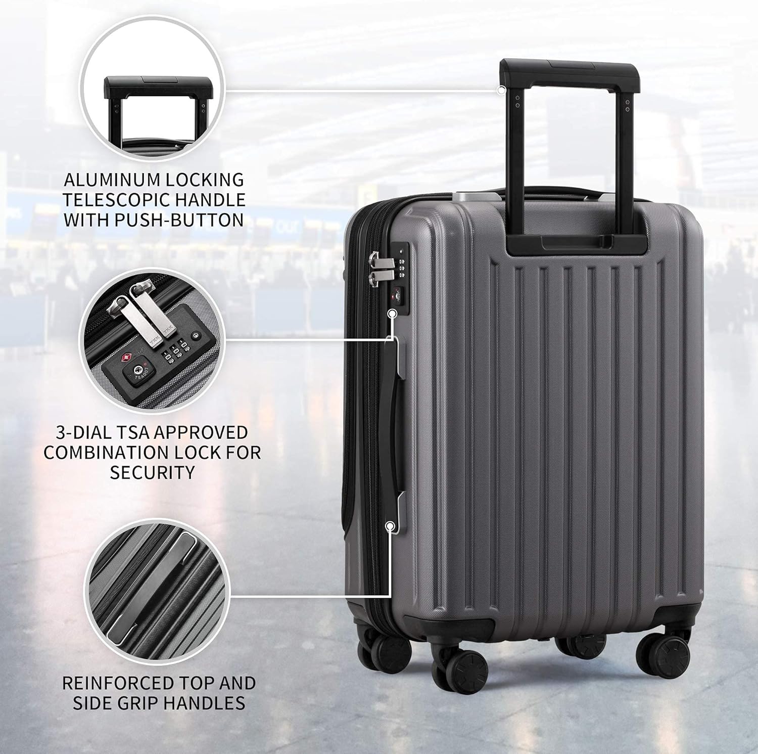 LEVEL8 Grace Luggage Sets Hardshell Suitcase With Wheels, Sturdy Large Suitcase Tsa Lock 20 Inch Expandable Carry On 24 Inch 28 Inch Checked Luggage, 3-Piece Set (20/24/28), Black | Carry-Ons