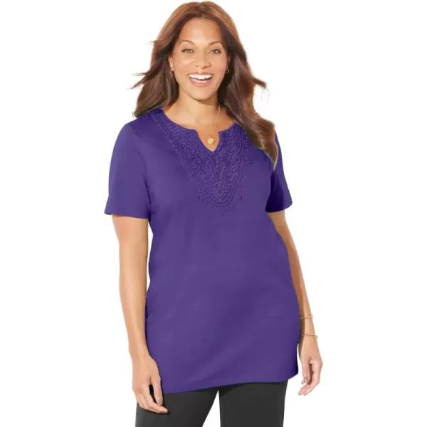 Catherines Women's Plus Size Easy Fit Embroidered Notch-Neck Tee