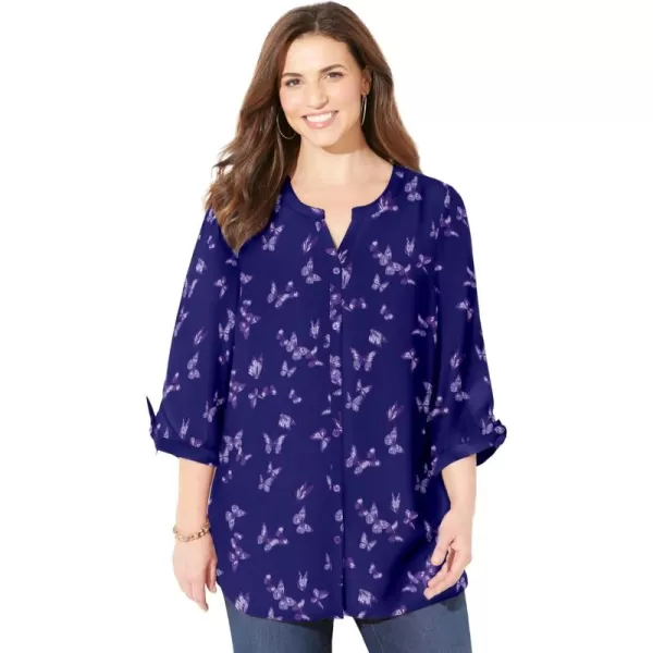 Catherines Women's Plus Size Georgette Buttonfront Tie Sleeve Cafe Blouse