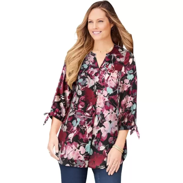 Catherines Women's Plus Size Georgette Buttonfront Tie Sleeve Cafe Blouse