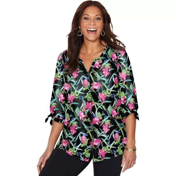 Catherines Women's Plus Size Georgette Buttonfront Tie Sleeve Cafe Blouse