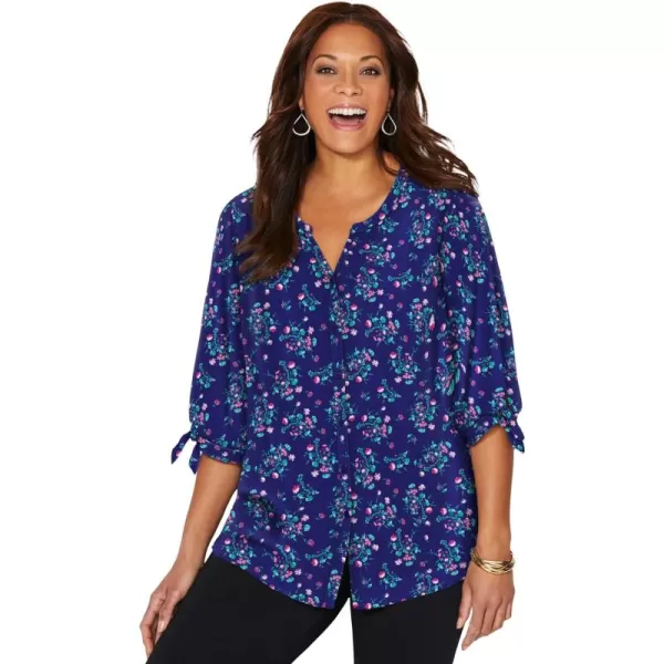 Catherines Women's Plus Size Georgette Buttonfront Tie Sleeve Cafe Blouse