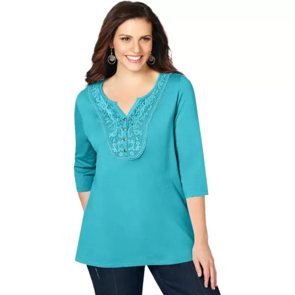 Catherines Women's Plus Size Crochet Placket Tee