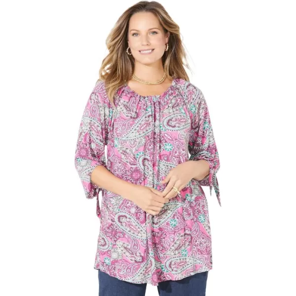 Catherines Women's Plus Size Ruched Neck Tie-Sleeve Top