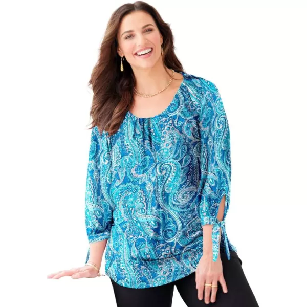 Catherines Women's Plus Size Ruched Neck Tie-Sleeve Top