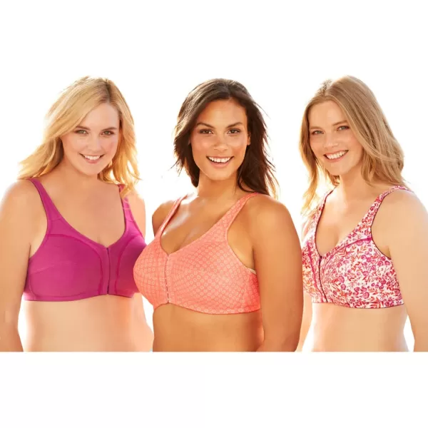 Comfort Choice Women's Plus Size 3-Pack Front-Close Cotton Wireless Bra