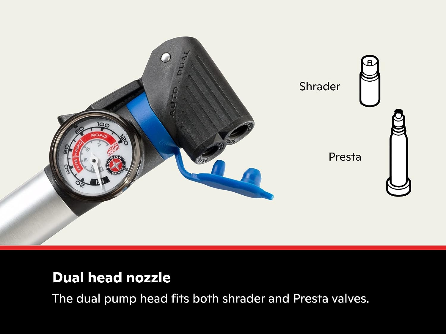 imageSchwinn Air Sport Mini Bike Pump Foot to Floor or FrameMounted Pumps with Gauge Fits Schrader and Presta Valve TypesFrame Mounted Pump