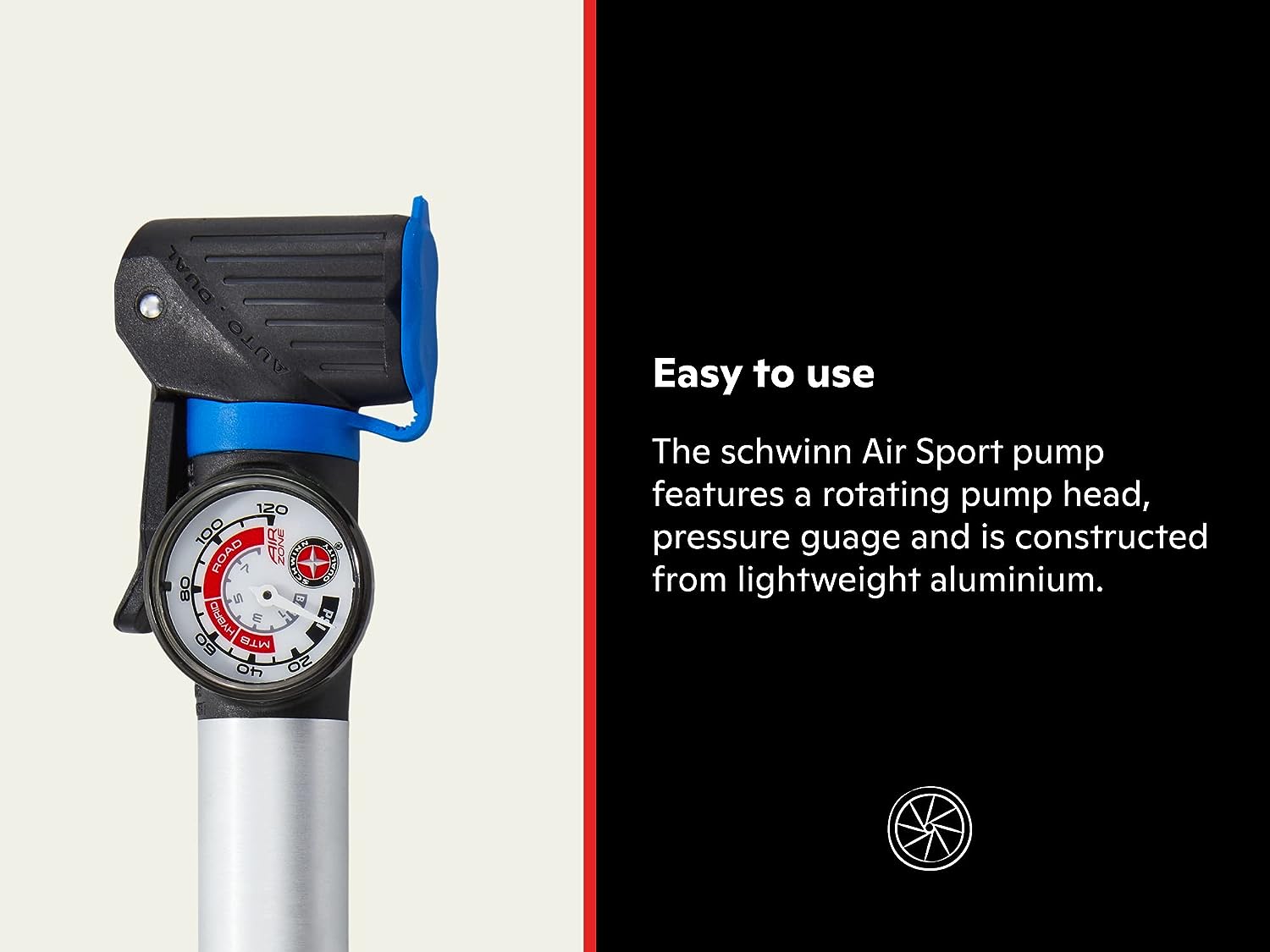 imageSchwinn Air Sport Mini Bike Pump Foot to Floor or FrameMounted Pumps with Gauge Fits Schrader and Presta Valve TypesFrame Mounted Pump