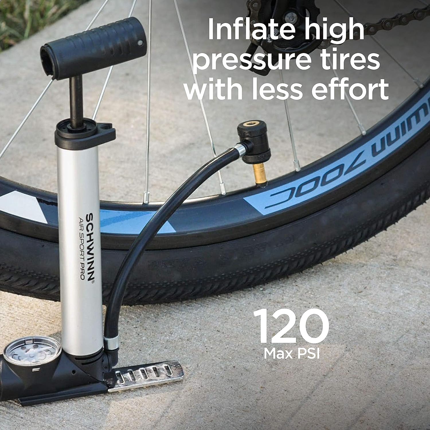 imageSchwinn Air Sport Mini Bike Pump Foot to Floor or FrameMounted Pumps with Gauge Fits Schrader and Presta Valve TypesMini Foot Pump