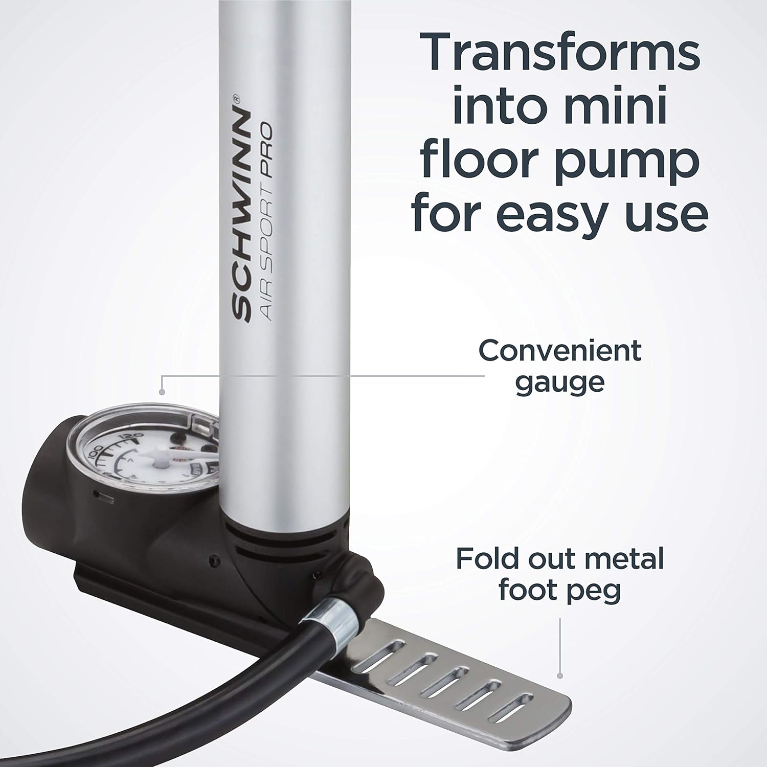 imageSchwinn Air Sport Mini Bike Pump Foot to Floor or FrameMounted Pumps with Gauge Fits Schrader and Presta Valve TypesMini Foot Pump