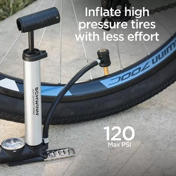 imageSchwinn Air Sport Mini Bike Pump Foot to Floor or FrameMounted Pumps with Gauge Fits Schrader and Presta Valve TypesMini Foot Pump