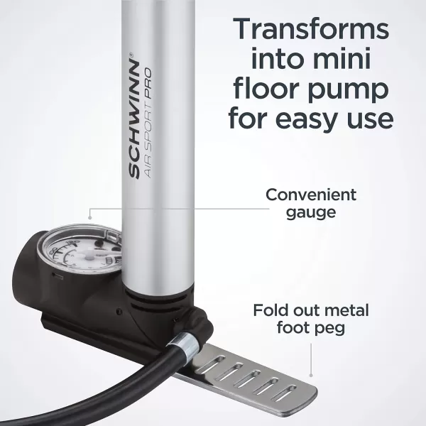 imageSchwinn Air Sport Mini Bike Pump Foot to Floor or FrameMounted Pumps with Gauge Fits Schrader and Presta Valve TypesMini Foot Pump