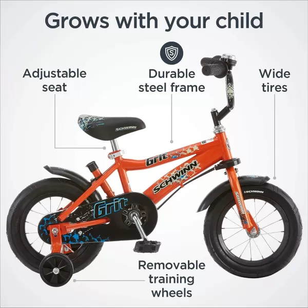 imageSchwinn Grit and Petunia Steerable Kids Bike Boys and Girls Beginner Bicycle 12Inch Wheels Training Wheels Easily Removed Parent Push Handle with Water Bottle Holder Perfect for ToddlersOrange Grit Bicycle