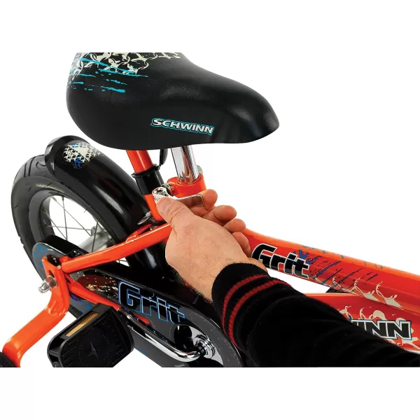 imageSchwinn Grit and Petunia Steerable Kids Bike Boys and Girls Beginner Bicycle 12Inch Wheels Training Wheels Easily Removed Parent Push Handle with Water Bottle Holder Perfect for ToddlersOrange Grit Bicycle