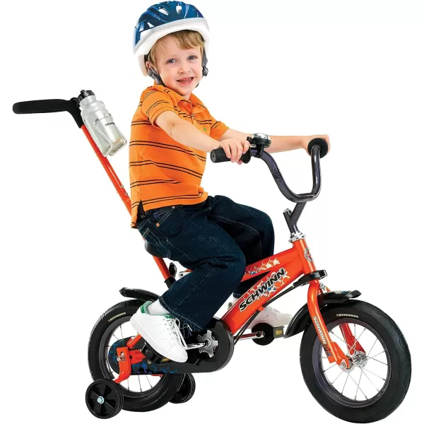 imageSchwinn Grit and Petunia Steerable Kids Bike Boys and Girls Beginner Bicycle 12Inch Wheels Training Wheels Easily Removed Parent Push Handle with Water Bottle Holder Perfect for ToddlersOrange Grit Bicycle