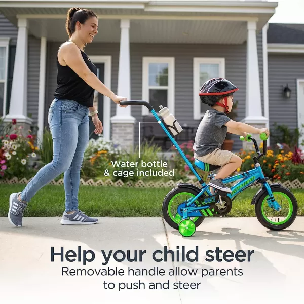 imageSchwinn Grit and Petunia Steerable Kids Bike Boys and Girls Beginner Bicycle 12Inch Wheels Training Wheels Easily Removed Parent Push Handle with Water Bottle Holder Perfect for ToddlersOrange Grit Bicycle
