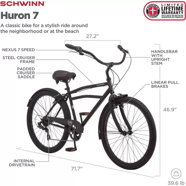 imageSchwinn Huron Adult Beach Cruiser Bike for Men and Women 26Inch Wheels Multiple Speed Options Steel StepOver Frames Wide Wheels for Stability Rear Coaster or Alloy Lineal Pull Brake OptionsHuron 7speed Black