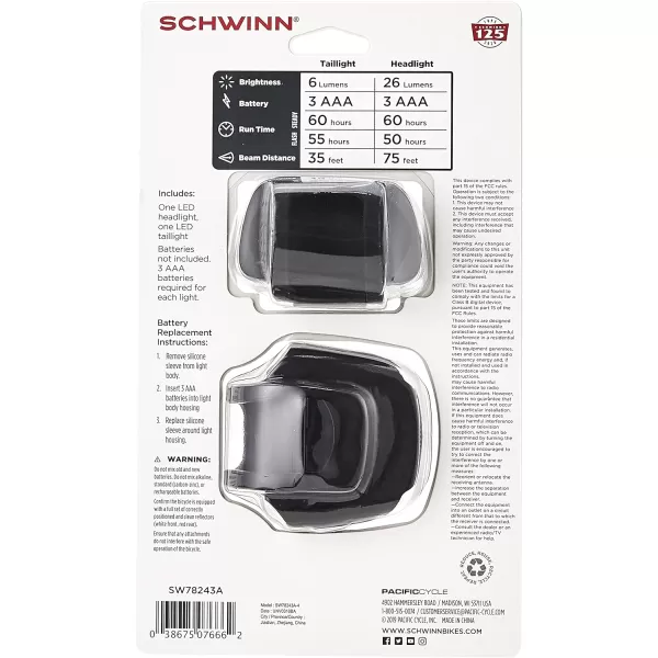 imageSchwinn LED Bike Light Headlight and Tail Light Set Battery Powered 75 Foot Beam DistanceSchwinn LED Bike Light Headlight and Tail Light Set Battery Powered 75 Foot Beam Distance