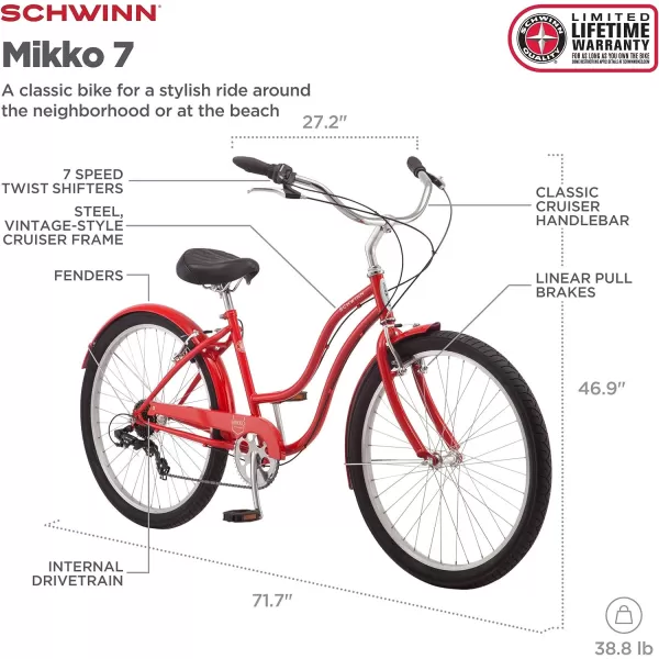 imageSchwinn Mikko Adult Beach Cruiser Bike 17Inch Steel Frame Wide Wheels for Stability Rear Coaster Brakes Multiple Speed OptionsRed Mikko 7speed
