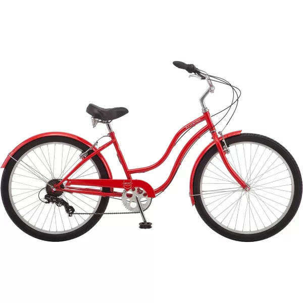 imageSchwinn Mikko Adult Beach Cruiser Bike 17Inch Steel Frame Wide Wheels for Stability Rear Coaster Brakes Multiple Speed OptionsRed Mikko 7speed