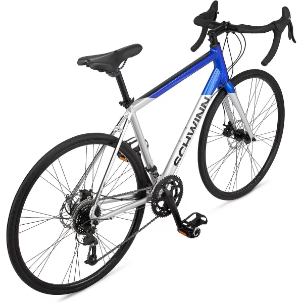 imageSchwinn Phocus Adult Road Bike Mens and Womens Aluminum Frame Flat and Drop Bar Options Multiple Speed Drivetrain Carbon Fiber Fork 700c WheelsBlue Phocus 16 Disc