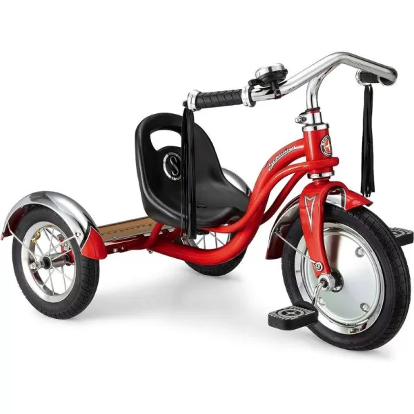 imageSchwinn Roadster Bike for Toddler Kids Classic Tricycle Low Positioned Steel Trike Frame w Bell amp Handlebar Tassels Rear Deck Made of Genuine Wood for Boys and Girls Ages 24 Year Old Light PinkRed Classic Tricycle