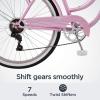 imageSchwinn Perla Cruiser Bike 26 Inch Bike for Women and Men 7Speed Beach Cruiser Bicycle Linear Pull Brakes Comfortable Quilted Seat Upright Riding Position Adult BicyclePink