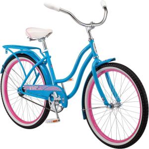 imageSchwinn Destiny or Baywood Cruiser Bikes 2426 Inch Bike for Kids and Adults Navy Blue Bright Blue Sea Foam or Purple Single Speed with Basket or Rear Cargo Rack for Girls Boys and AdultsBright Blue
