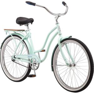 imageSchwinn Destiny or Baywood Cruiser Bikes 2426 Inch Bike for Kids and Adults Navy Blue Bright Blue Sea Foam or Purple Single Speed with Basket or Rear Cargo Rack for Girls Boys and AdultsSea Foam