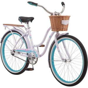imageSchwinn Destiny or Baywood Cruiser Bikes 2426 Inch Bike for Kids and Adults Navy Blue Bright Blue Sea Foam or Purple Single Speed with Basket or Rear Cargo Rack for Girls Boys and AdultsPurple
