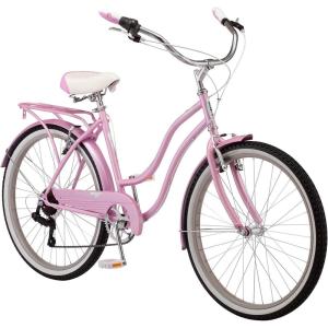 imageSchwinn Perla 26 Inch Cruiser Bike 7Speed Beach Cruiser Bicycle for Women and Men Adult Bicycle  Linear Pull Brakes Comfortable Quilted Seat Upright Riding PositionPink
