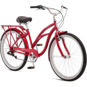 imageSchwinn Sanctuary 7 Comfort Beach Cruiser Bike for Adult Women Men 7Speed Drivetrain in RetroStyled Steel StepThrough or StepOver Frame 26Inch Wheels With Front ampamp Rear Fenders Rear Cargo RackRedStepThrough Frame