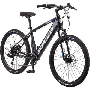 imageSchwinn Amalgam Mens and Womens Electric Bike Hybrid Aluminum Frame 7 Speed 275Inch Wheels 375Wh BatteryMatte Black