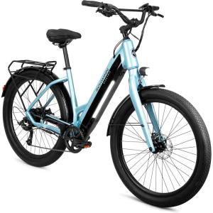 imageSchwinn Coston Hybrid Electric Bike for Adults 20MPH Commuting eBike Ride Up to 3545 Miles on a Single Charge 275Inch Wheels 7Speed StepThru or Step Over Aluminum Frame Removable BatteryGloss Blue