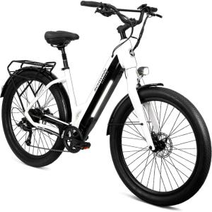 imageSchwinn Coston Hybrid Electric Bike for Adults 20MPH Commuting eBike Ride Up to 3545 Miles on a Single Charge 275Inch Wheels 7Speed StepThru or Step Over Aluminum Frame Removable BatteryGloss White