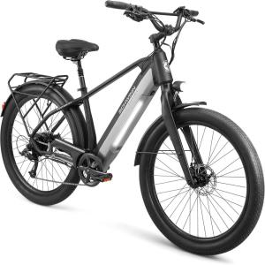 imageSchwinn Coston Hybrid Electric Bike for Adults 20MPH Commuting eBike Ride Up to 3545 Miles on a Single Charge 275Inch Wheels 7Speed StepThru or Step Over Aluminum Frame Removable BatteryGloss Charcoal