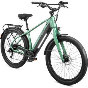 imageSchwinn Coston Hybrid Electric Bike for Adults 20MPH Commuting eBike Ride Up to 3545 Miles on a Single Charge 275Inch Wheels 7Speed StepThru or Step Over Aluminum Frame Removable BatteryMatte Green