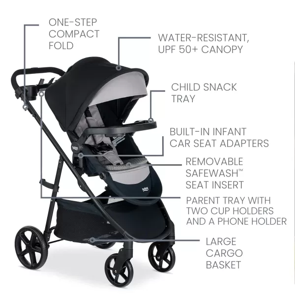 Britax Brook+ Modular Baby Stroller, Ultra-Lightweight Infant and Toddler Stroller with SafeWash Insert and 4 Ways to Stroll, Graphite Onyx