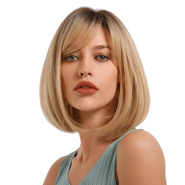 NAYOO Blonde Wig with Bangs, 12 Inch Blonde Short Bob Wigs for Women, Natural Look Blonde Bob Wig with Bangs, Super Soft Straight Bob Wig, Colorful Wig for Everyday Use, Cosplay, Halloween