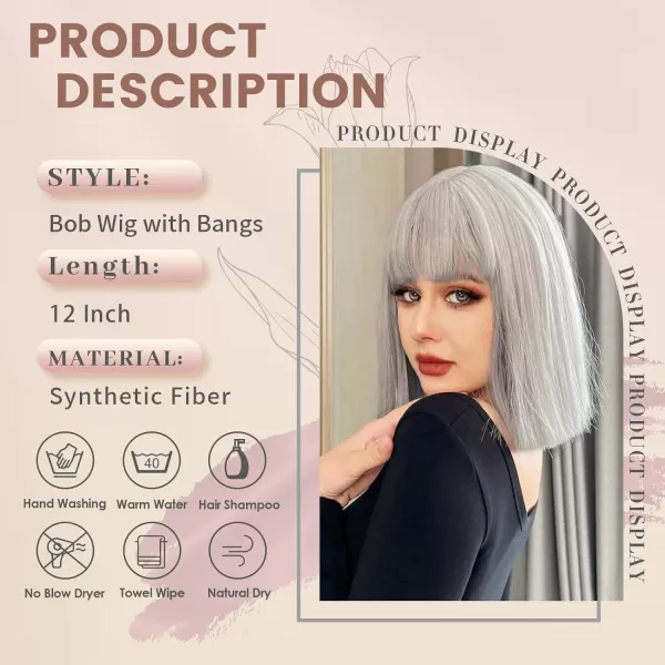 NAYOO Blonde Wig with Bangs, 12 Inch Blonde Short Bob Wigs for Women, Natural Look Blonde Bob Wig with Bangs, Super Soft Straight Bob Wig, Colorful Wig for Everyday Use, Cosplay, Halloween