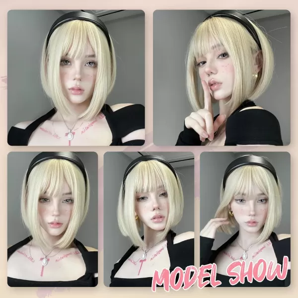 NAYOO Blonde Wig with Bangs, 12 Inch Blonde Short Bob Wigs for Women, Natural Look Blonde Bob Wig with Bangs, Super Soft Straight Bob Wig, Colorful Wig for Everyday Use, Cosplay, Halloween