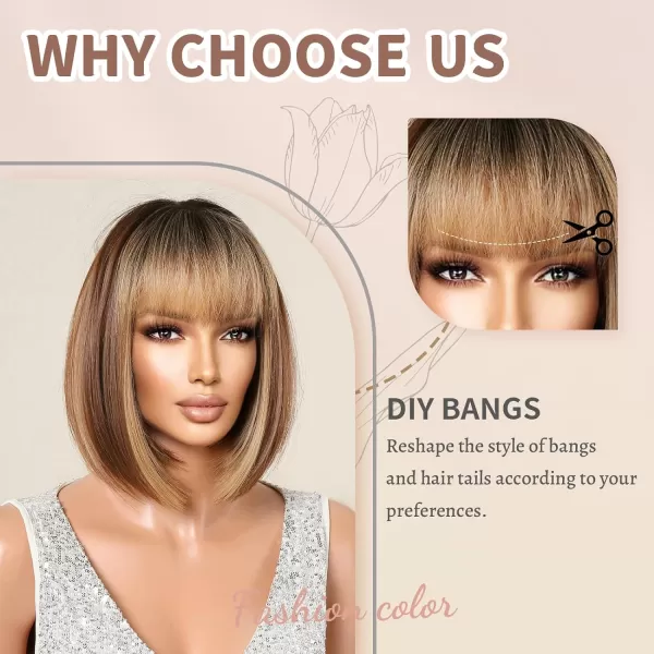 NAYOO Blonde Wig with Bangs, 12 Inch Blonde Short Bob Wigs for Women, Natural Look Blonde Bob Wig with Bangs, Super Soft Straight Bob Wig, Colorful Wig for Everyday Use, Cosplay, Halloween