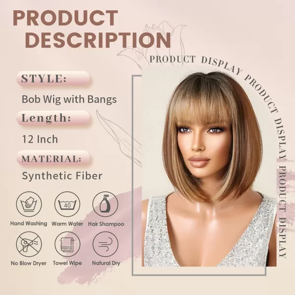 NAYOO Blonde Wig with Bangs, 12 Inch Blonde Short Bob Wigs for Women, Natural Look Blonde Bob Wig with Bangs, Super Soft Straight Bob Wig, Colorful Wig for Everyday Use, Cosplay, Halloween