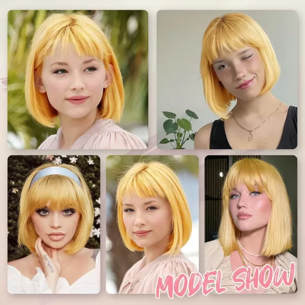 NAYOO Blonde Wig with Bangs, 12 Inch Blonde Short Bob Wigs for Women, Natural Look Blonde Bob Wig with Bangs, Super Soft Straight Bob Wig, Colorful Wig for Everyday Use, Cosplay, Halloween