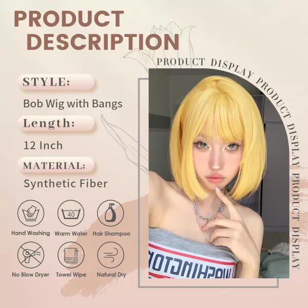 NAYOO Blonde Wig with Bangs, 12 Inch Blonde Short Bob Wigs for Women, Natural Look Blonde Bob Wig with Bangs, Super Soft Straight Bob Wig, Colorful Wig for Everyday Use, Cosplay, Halloween