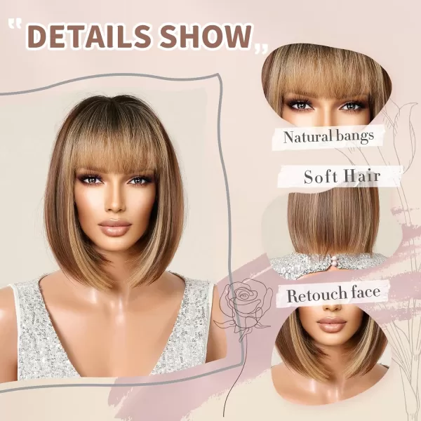 NAYOO Blonde Wig with Bangs, 12 Inch Blonde Short Bob Wigs for Women, Natural Look Blonde Bob Wig with Bangs, Super Soft Straight Bob Wig, Colorful Wig for Everyday Use, Cosplay, Halloween