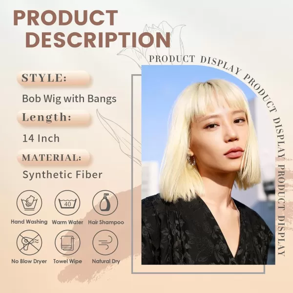 NAYOO Blonde Wig with Bangs, 12 Inch Blonde Short Bob Wigs for Women, Natural Look Blonde Bob Wig with Bangs, Super Soft Straight Bob Wig, Colorful Wig for Everyday Use, Cosplay, Halloween