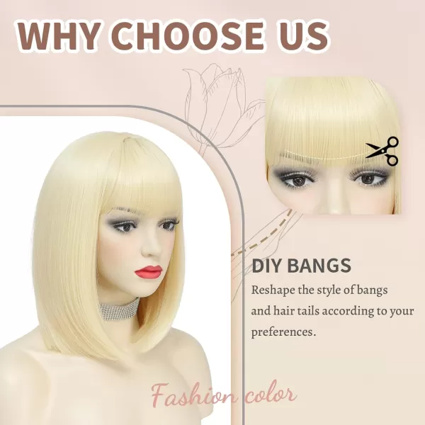 NAYOO Blonde Wig with Bangs, 12 Inch Blonde Short Bob Wigs for Women, Natural Look Blonde Bob Wig with Bangs, Super Soft Straight Bob Wig, Colorful Wig for Everyday Use, Cosplay, Halloween