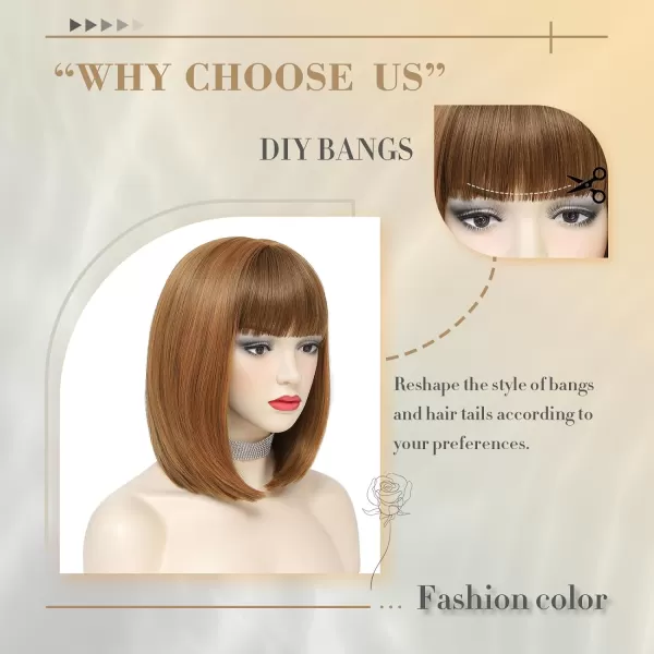 NAYOO Blonde Wig with Bangs, 12 Inch Blonde Short Bob Wigs for Women, Natural Look Blonde Bob Wig with Bangs, Super Soft Straight Bob Wig, Colorful Wig for Everyday Use, Cosplay, Halloween