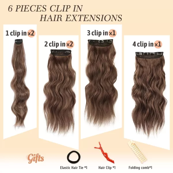 NAYOO Clip in Hair Extensions for Women 20 Inch Long Wavy Curly Dark Brown Hair Extension Full Head Synthetic Hair Extension Hairpieces